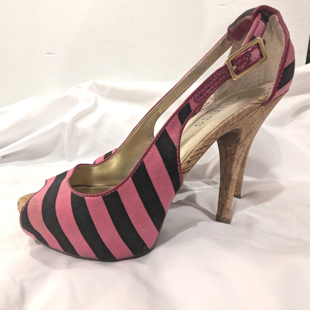 Guess Black & Pink Striped Peeptoe Pumps